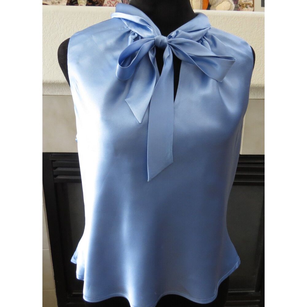 Liz Claiborne Vtg 90's Suite Petite 100% Silk  Blouse Office Siren Blue 12P EUC